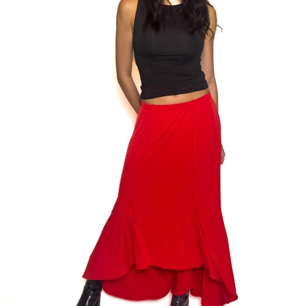 vintage y2k red asymmetrical pleated maxi skirt